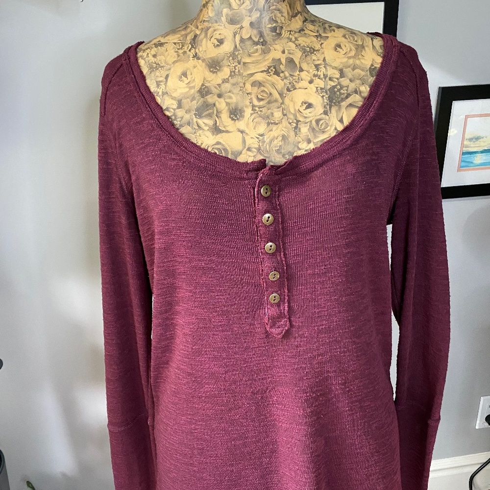 Free People Burgandy  Long Sleeve Henley Tunic - Size Small